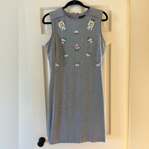 Banana Republic- gray, sleeveless sheath dress with pineapple embellishment